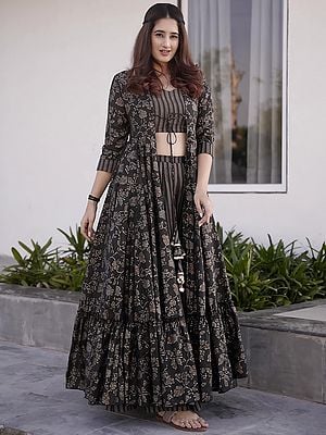 Charcoal-Black Muslin Printed Crop-Top Palazzo Suit Set with Flared Floral Motif Shrug