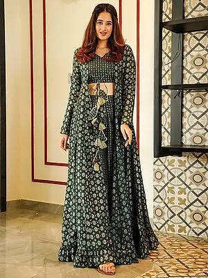 Deep-Green Muslin Digital Printed Indo-western Suit with Flared Long Jacket