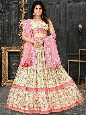 Light-Yellow Heavy Chinon Silk Ajrakh Digital Printed Crushed Lehenga Choli With Heavy Net Dupatta