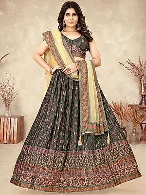 Green Heavy Chinon Silk Digital Ajrakh Printed Crushed Lehenga Choli With Heavy Net Dupatta