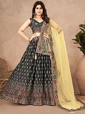 Heavy Chinon Silk Ajrakh Digital Printed Crushed Lehenga Choli With Latkan Heavy Net Dupatta