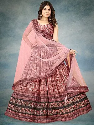Heavy Chinon Silk Floral Vine Digital Printed Crushed Lehenga Choli With Heavy Net Dupatta