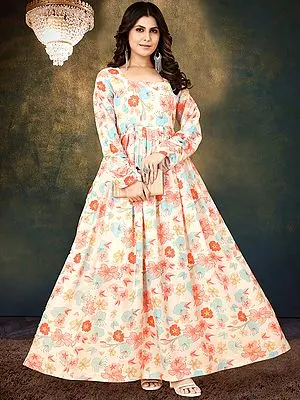 Cream Color Muslin Hibiscus Floral Digital Printed Gown