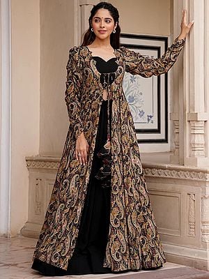 Black Faux Georgette Crop-Top Palazzo Suit With Rayon Digital Paisley Pattern Print Long Shrug