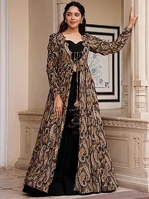 Black Faux Georgette Crop-Top Palazzo Suit with Rayon Digital Paisley Pattern Print Long Shrug