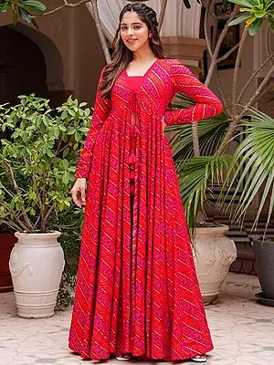 Cherry-pink faux Georgette Crop-Top Palazzo Suit with Heavy Rayon Digital Print Bandhani Pattern Long Shrug