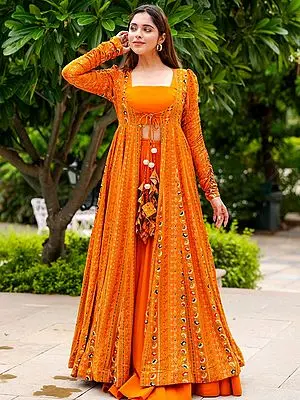Bright-Orange Three Piece Digital Printed Koti Style Indo-Western Suit with Heavy Rayon Long Jacket