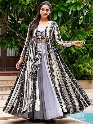 Light-Gray Indowestern Palazzo Suit With Designer Digital Printed Heavy Rayon Long Jacket