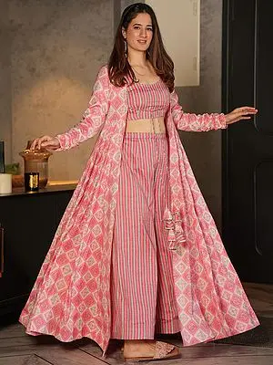 Barbie-Pink Heavy Rayon Digital Print Crop-Top Palazzo Suit with Diamond Pattern Long Shrug