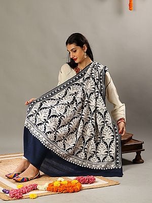 Amritsari Chain Stitch Satin Aari Embroidered Mughal Motif Pure Wool Shawl