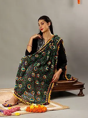 Burgundy Georgette-Wool Thread Embroidery Phulkari Duppatta with PomPom Lace Floral Patterns from Punjab