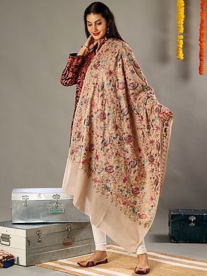 Aari Embroidered Fine Wool Shawl with Detailed Multicolored Thread Work and Traditional Kashmiri Motifs