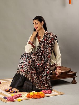 Aari Embroidered Fine Wool Shawl with Detailed Multicolored Thread Work and Traditional Kashmiri Motifs