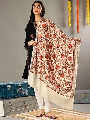 Aari Embroidered Off White Fine Wool Shawl with Detailed Multicolored Traditional Kashmiri Motifs and Tassels