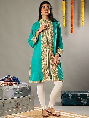 Aari Floral Embroidery Turqouise Pure Wool Long Jacket with Heavily Detailed Colorful Traditional Kashmiri Motifs