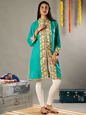 Aari Floral Embroidery Turqouise Pure Wool Long Jacket with Heavily Detailed Colorful Traditional Kashmiri Motifs
