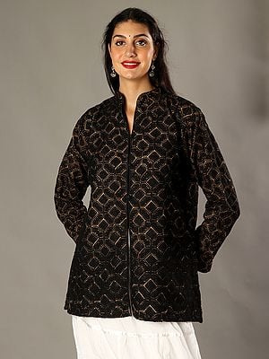 Aari Geometrical Embroidery Golden Art Silk Jacket with Heavily Detailed Black Traditional Kashmiri Motifs