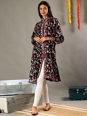 Aari Floral Embroidery Black Art Silk Long Jacket with Detailed Colorful Traditional Kashmiri Motifs