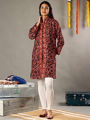 Aari Floral Embroidery Black Pure Wool Long Jacket with Heavily Detailed Colorful Traditional Kashmiri Motifs