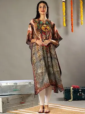 Mediterranian Multicolored Print Black Georgette Kaftan with Studded work on the Neck