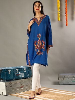 Aari Floral Embroidery Royal Blue Woolen Kurti with Detailed Colorful Traditional Kashmiri Motifs