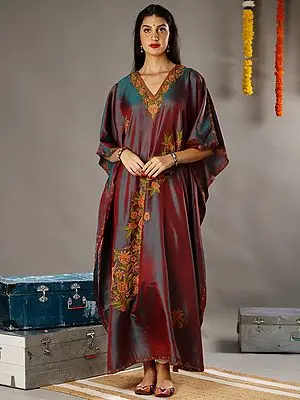 Aari Floral Embroidery Iridescent Satin Kaftan with Detailed Colorful Traditional Kashmiri Motifs