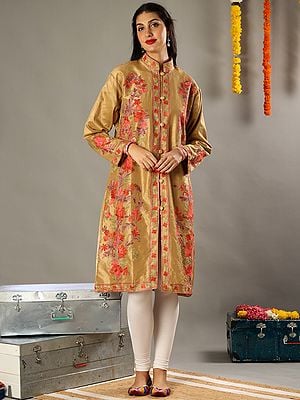 Aari Floral Embroidery Golden Art Silk Long Jacket with Detailed Colorful Traditional Kashmiri Motifs