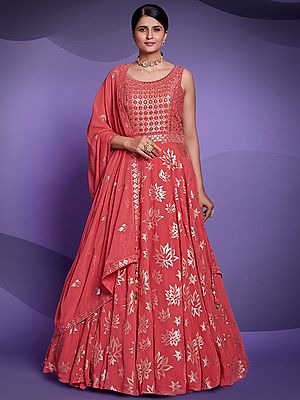 Coral Color Georgette Floral Pattern Anarkali Style Gown with Sequins Embroidery and Latkan Dupatta
