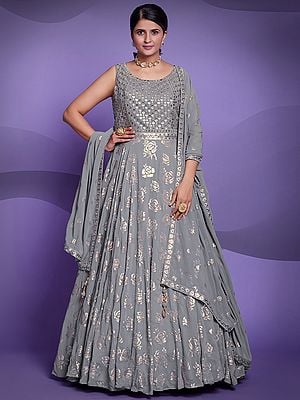 Georgette Floral Rose Sequins Embroidered Grey Anarkali Style Gown with Matching Dupatta