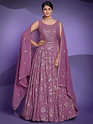 Lavender Color Georgette Sequins Embroidered Anarkali Style Gown with Latkan Dupatta