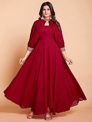 Red Faux Georgette Designer Gown With Dori-Sequins Work
