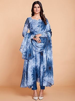 Blue Faux Georgette Floral Printed Suit With Micro Chiffon Pant Style Salwar And Dupatta