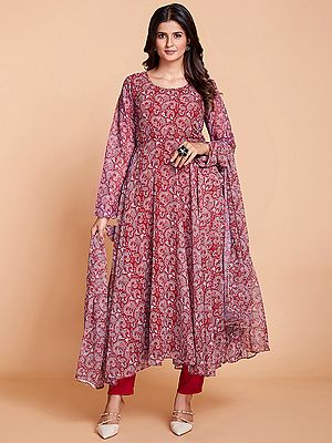 Maroon Faux Georgette Paisley Pattern Print Anarkali Suit With Matching Dupatta And Cotton Pant
