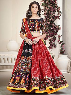 Black-Red Cotton Silk Dandiya Pattern Embroidered Navratri Lehenga With Banglory Silk Choli And Nazneen Dupatta