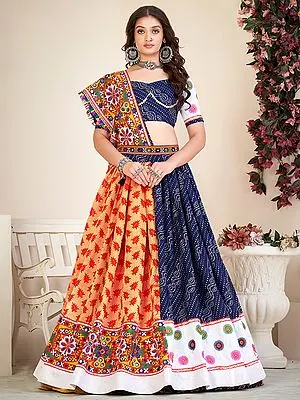 Blue Cotton Silk Bundi-Leaf Pattern Print And Embroidered Navratri Lehenga With Banglory Silk Choli & Dupatta