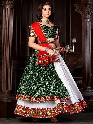 White-Green Crepe Cotton Silk Navratri Bandhej Print Lehenga with Banglory Silk Choli and Nazneen Red Dupatta