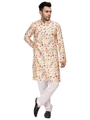 Beige Cotton Blend Digital Butterfly Pattern Print Kurta with Pure Cotton Pajama