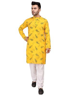 Yellow Cotton Blend Kurta With Digital Radhe - Peacock Feather Print And Pure Cotton Pajama