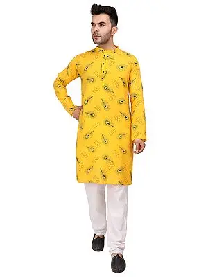Yellow Cotton Blend Kurta with Digital Radhe - Peacock Feather Print and Pure Cotton Pajama