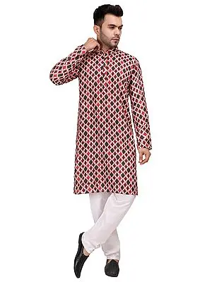 Cotton Blend Multicolor Diamond Pattern Digital Printed Kurta with Pure Cotton Pajama
