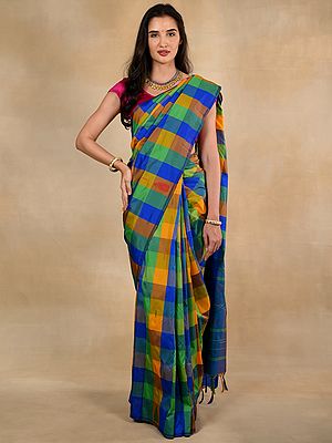 Silk Checkered and Color Blocked Multi Colored Sari with Traditional Motifs on Borders