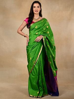 Emerald Green  Banarasi Sari with Sheen Border and Golden Zari Motifs