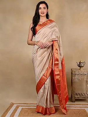 Oatmeal Beige and Blood Red Silk Banarasi Saree with Sheen Border and Golden Zari Motifs