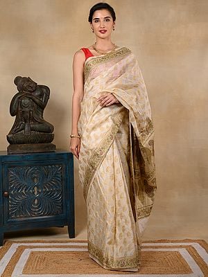 Golden Tussar Silk Saree with Traditional Pasley Motifs Woven with Green and Megenta Threadwork