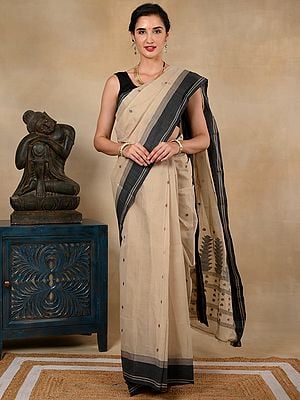 Taant Pure Cotton Beige Sari from West Bengal with Black Border and Bengali Motifs