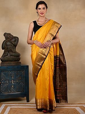Mustard Yellow Silk Kanjivaram Saree with Sheen Border, Golden Zari Motifs and Black Aanchal From Tamil Nadu