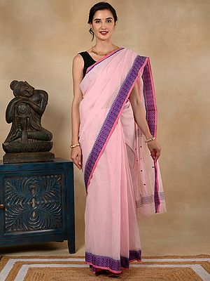 Taant Pure Cotton Light Pink Sari from West Bengal with Multicolored Border and Bengali Motifs