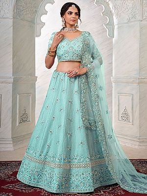 Turquoise Art Silk Floral Butta Motif Lehenga Choli with Sequins Embroidery and Soft Net Scalloped Dupatta