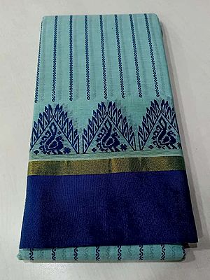 Blue-Glow Pure Cotton Striped Pattern Saree With Peacock Pattern Border