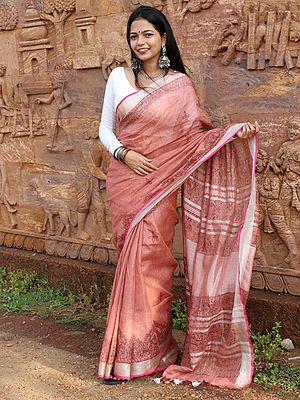 Mellow-Rose Pure Linen Cotton Madhubani Saree With Bird And Floral Hand-Painted Work